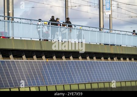 Il ponte Kennedy sul Reno vicino a Bonn, il ponte più lungo con un'installazione solare in Germania, oltre 390 moduli solari sono montati a sud Foto Stock