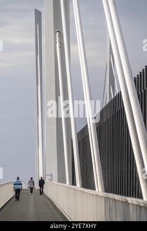 Pista ciclabile e pedonale del ponte autostradale Neuenkamp, autostrada A40, nuovo ponte sul Reno, vicino a Duisburg, Renania settentrionale-Vestfalia, Germania, Europa Foto Stock