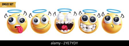 Set vettoriale di caratteri dell'angelo emoji. Emoticon personaggio in Happy, Naughty, Kind, Guardian Angels, Good and cute Funny Face Reaction elementi 3d. Illustrazione Vettoriale