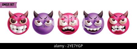 Set vettoriale di personaggi malvagi emoji. Emoji demone personaggio emoticon in una raccolta di elementi 3d di reazioni facciali pazze, arrabbiate, spaventose, fastidiose e furiose. Illustrazione Vettoriale