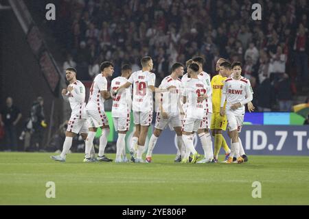 Marvin Schwaebe (1.FC Koeln, portiere, #1), Tim Lemperle (1.FC Koeln, attaccante, #19), Julian Pauli (1.FC Koeln, difesa, #24), DFB Pokal: 1.FC Koeln Foto Stock