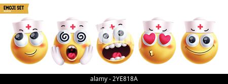 Set vettoriale di caratteri emoticon infermiere emoji. Personaggio medico delle emoji nella cura rotonda 3d amichevole, felice, premurosa, innamorata, shock e vertigini Illustrazione Vettoriale