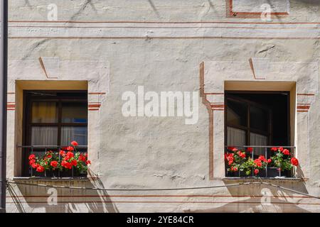 Primo piano di una coppia di finestre con decorazione trompe l'oeil e gerani rossi in vaso, sulla facciata di una vecchia casa, Aosta, Valle d'Aosta, Italia Foto Stock