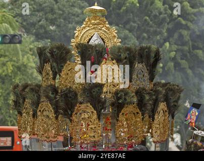 Dettaglio di un altare portatile chiamato Kavadi al festival di Thaipusam a Singapore Foto Stock