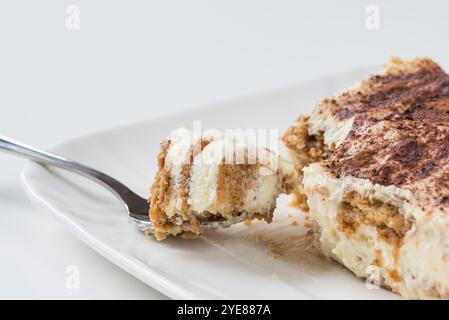 Deliziosa fetta di tiramisù appena fatto. dessert italiano, gli ingredienti principali sono i savoiardi, la panna con mascarpone, cacao in polvere, caffè, uova Foto Stock