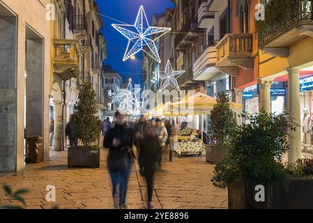 Mercatino di Natale di notte. Strada con una folla di persone che camminano tra le bancarelle illuminate in cerca di regali di Natale. Centro storico di Varese Foto Stock