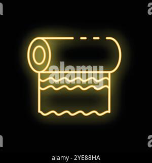 Icona gialla al neon luminosa di un rotolo di carta asciugamani, illustrazione vettoriale isolata su sfondo nero Illustrazione Vettoriale