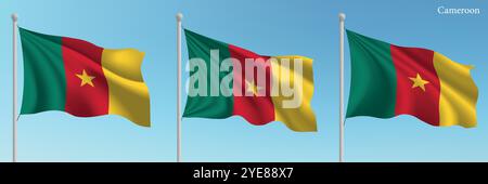 Set di tre bandiere del Camerun che sventolano su palchi bandiera con un vivace sfondo blu del cielo. Illustrazione Vettoriale