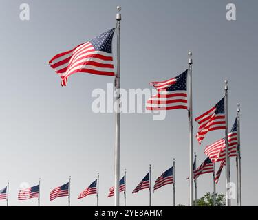 Bandiere AMERICANE al Washington Monument di Washington, D.C., USA. Bandiere americane con stelle e strisce. Foto Stock