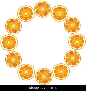 Cornice rotonda in agrumi e arancio brillante, con colore ad acquerello isolato su sfondo bianco. Grafica disegnata a mano di alta qualità per confezioni, cartoline e poster Foto Stock