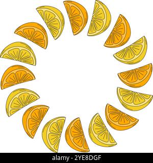 Fette di limone e arancia nella Pop Art alla moda con un tocco nero. Bordo arrotondato del telaio. Copia modello spazio. Copertina per illustrazioni vettoriali isolate, poster, opuscoli, banner, brochure, etichetta prezzo, etichetta o web Illustrazione Vettoriale
