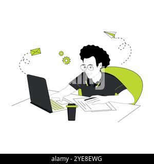 Uomo che si siede alla scrivania, guarda il portatile, studia, lavora con caffè e cuffie. Concetto di lavoro e formazione online. Illustrazione Vettoriale