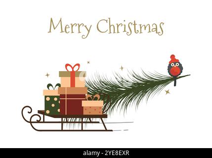 Buon natale con un albero di natale, slitta invernale, regali colorati e bullfinch. Illustrazione piatta. Illustrazione Vettoriale