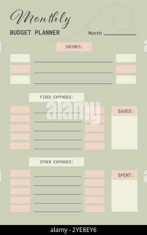 Pianificatore di budget mensile. Modello di pianificazione finanziaria con dettagli astratti rosa e verde. Pagina Business Organizer. Illustrazione Vettoriale