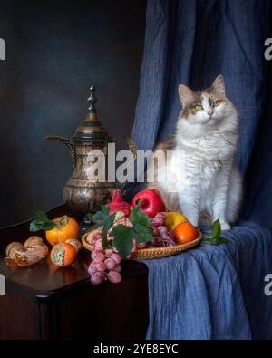 Natura morta con frutta e gattino curioso Foto Stock