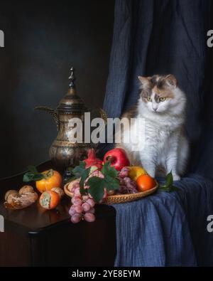 Natura morta con frutta e gattino curioso Foto Stock