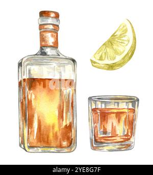 Bottiglia acquerello di Whiskey e lime. Illustrazione delle bevande alcoliche. Foto Stock