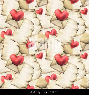 Per San Valentino, sono cuori, buste, lettere. Illustrazione ad acquerello disegnata a mano. Motivo senza cuciture. Foto Stock