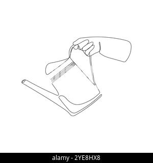 Annaffiatoio con la mano. Arte su una linea. Piante da irrigazione umane. Illustrazione vettoriale disegnata a mano. Illustrazione Vettoriale