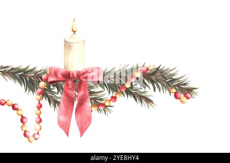 Ramo dell'albero di Natale con ghirlanda e candela bianca in fiamme con un fiocco rosso. Ramoscello in abete decorato durante le feste dell'avvento invernale. Acquerello disegnato a mano Foto Stock