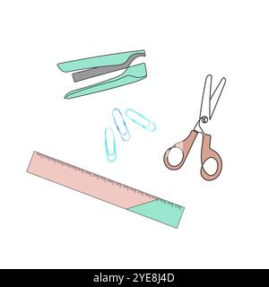 Cancelleria per la scuola. Forbici, righello, graffatrice, graffette. Attrezzature scolastiche. Illustrazione vettoriale. Illustrazione Vettoriale