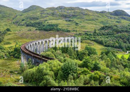 Vista elevata del viadotto di Glenfinnan sulla West Highland Line a Glenfinnan a Lochaber, Highlands scozzesi, Scozia Foto Stock