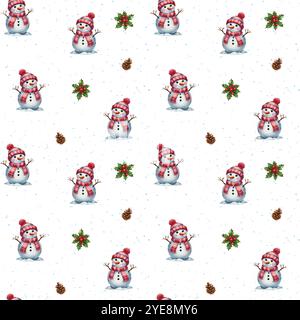 Motivo ad acquerello natalizio. Motivo natalizio senza cuciture con simpatico pupazzo di neve allegro con sciarpa legata, foglie di agrifoglio e pinecone. Foto Stock