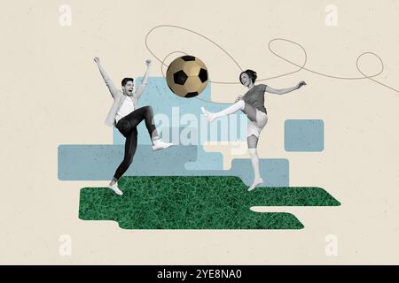 Collage fotografico creativo giovane sportivo uomo calcio partita di calcio squadra giocatore professionista hobby campionato disegno sfondo Foto Stock