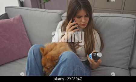 Una donna siede su un divano, parla al telefono con un pomerania in grembo, tenendo una bottiglia in casa. Foto Stock