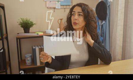 Una donna ispanica matura in abbigliamento da lavoro legge un documento presso una scrivania di legno all'interno, mostrando concentrazione e curiosità. Foto Stock