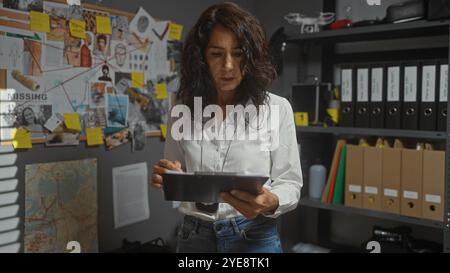Donna ispanica di mezza età che analizza i documenti nell'ufficio di un detective, con la bacheca delle prove e i fascicoli. Foto Stock
