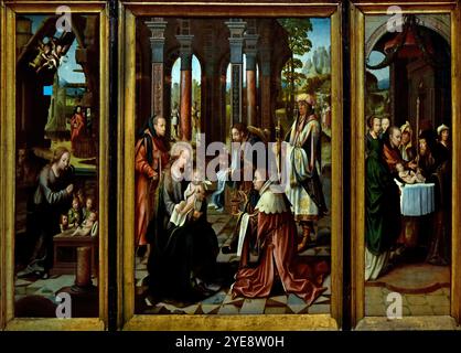 L'Adoration des Mages - l'Adorazione dei Re Trittico Anversa Belgio, 1530 Museo di Belle Arti di Digione Francia XVII secolo ( Natività, si riferisce alla nascita di Gesù, la figura centrale della religione del cristianesimo, celebrazione della Natività, durante il Natale, ) Foto Stock