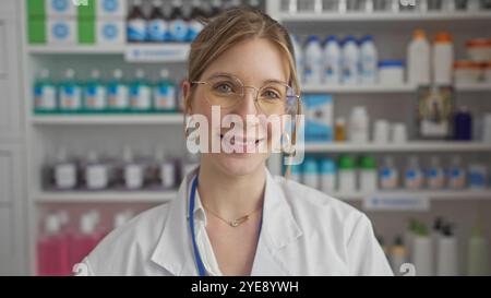 Una giovane farmacista sorridente si trova in una farmacia ben fornita, indossando occhiali e un camice da laboratorio. Foto Stock