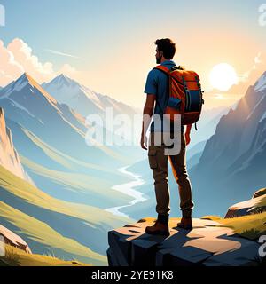 Solo Mountain Hiker Cartoon Adventure Backpacking Journey Scenic Landscape Nature Tourism Travel Illustration. Vivace illustrazione a cartoni animati Foto Stock