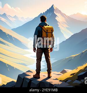 Solo Mountain Hiker Cartoon Adventure Backpacking Journey Scenic Landscape Nature Tourism Travel Illustration. Vivace illustrazione a cartoni animati Foto Stock