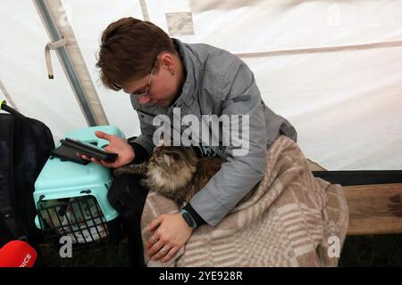 KIEV, UCRAINA – 30 OTTOBRE 2024 – Un residente di un condominio colpito dal relitto di un drone russo abbattuto siede con il suo gatto in una tenda mobile allestita per fornire aiuto alle vittime, Kiev, capitale dell'Ucraina Foto Stock