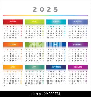 2025 Calendario con scatole in colori arcobaleno 4 colonne - francese Illustrazione Vettoriale