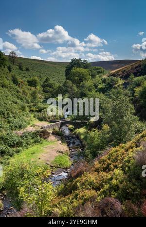 Derbyshire Bridge e il fiume Goyt in estate, Goyt Valley, Peak District National Park, Derbyshire, Inghilterra, Regno Unito Foto Stock