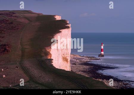 Faro di Beachy Head e Beachy Head al tramonto, vicino a Eastbourne, South Downs National Park, East Sussex, Inghilterra, Regno Unito Foto Stock