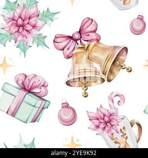 Acquerello natalizio motivo senza cuciture - bouquet di fiori di punta rossa, composizioni con foglie verdi agrifoglio e mignolo, bacche rosse. Jingle dorato Illustrazione Vettoriale