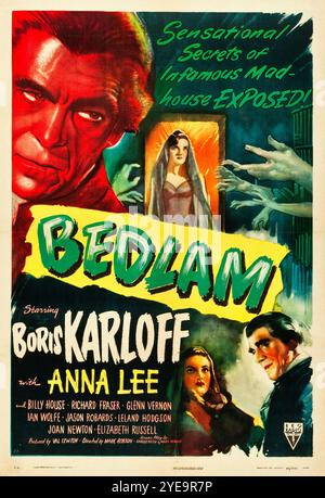 Bedlam, poster cinematografico d'epoca - Boris Karloff e Anna Lee - film horror - RKO 1946. Foto Stock