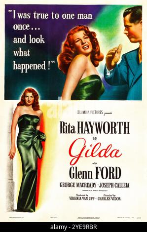 Vecchio poster cinematografico per il film Gilda del 1946, con Rita Hayworth, Glenn Ford, George MacReady, Josep Calleia. Foto Stock