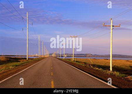 Strada fiancheggiata da linee elettriche aeree che conducono all'acqua e al litorale Foto Stock