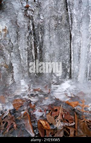 Dettaglio ravvicinato delle formazioni ghiacciate di una cascata in inverno; Stati Uniti d'America Foto Stock