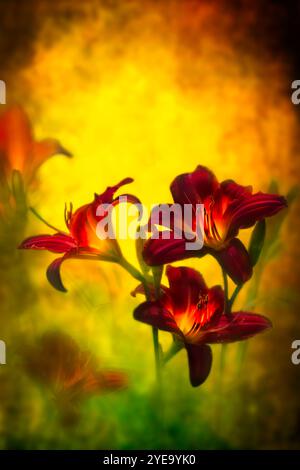 Foto artistica di gigli (Hemerocallis 'Joey Langdon') fiori su sfondo dorato nel Giardino Botanico di New York nel Bronx Foto Stock