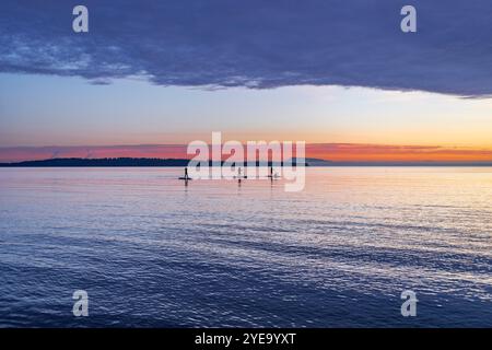 Silhouette di tre stand-up paddle sull'acqua al crepuscolo, White Rock; British Columbia, Canada Foto Stock