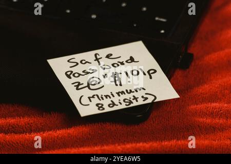 Password complessa su pezzi di carta. Sicurezza e protezione tramite password. Minimo otto caratteri con lettere maiuscole, minuscole, simbolo e numero Foto Stock