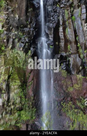 Splendida cascata su un'aspra scogliera rocciosa, la cascata Risco sull'isola di Madeira, Portogallo; Calheta, Madeira, Portogallo Foto Stock