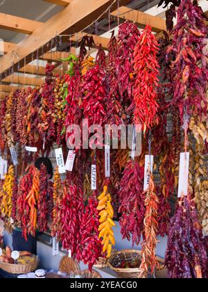 Gruppi di peperoncini appesi al rack di legno nel mercato di Funchal; Funchal, Madeira, Portogallo Foto Stock