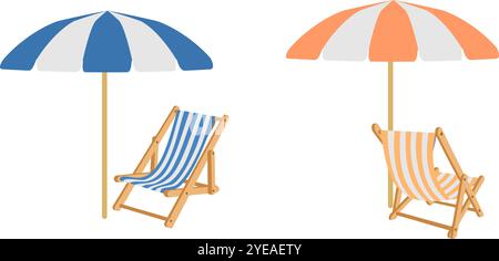 sedia da spiaggia e set vettoriale ombrellone, vista frontale e laterale con sedia a sdraio. illustrazione vettoriale isolata su sfondo bianco. Illustrazione Vettoriale